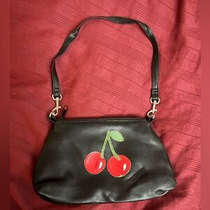 Black pleather cherry pinup purse with leopard print lining